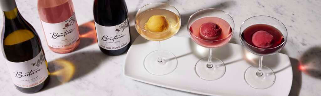 Wine sorbet float with Bonterra Rose, Chardonnay and Pinot Noir