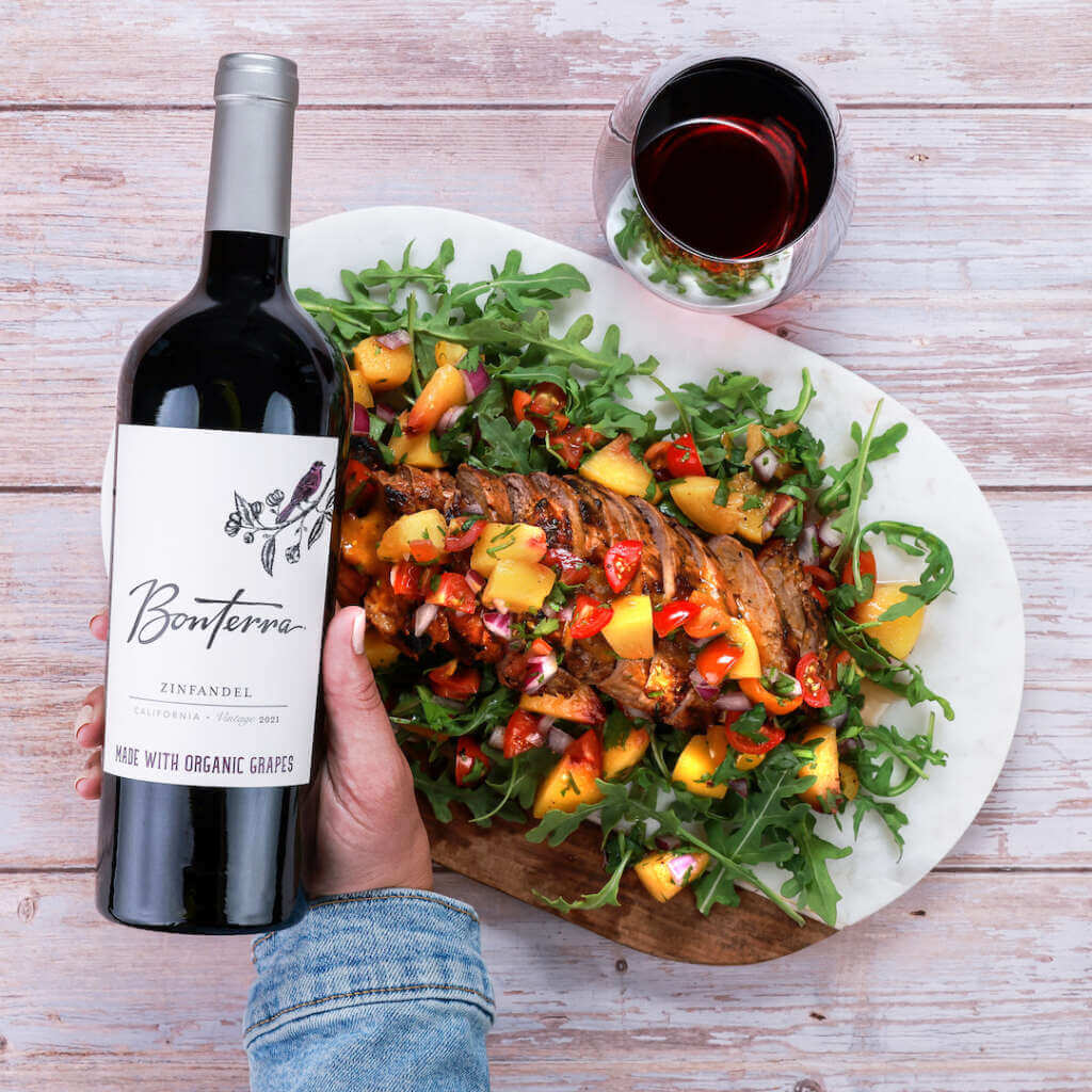 Top view of Bonterra Zinfandel with BBQ Pork Tenderloin with Peach Salsa