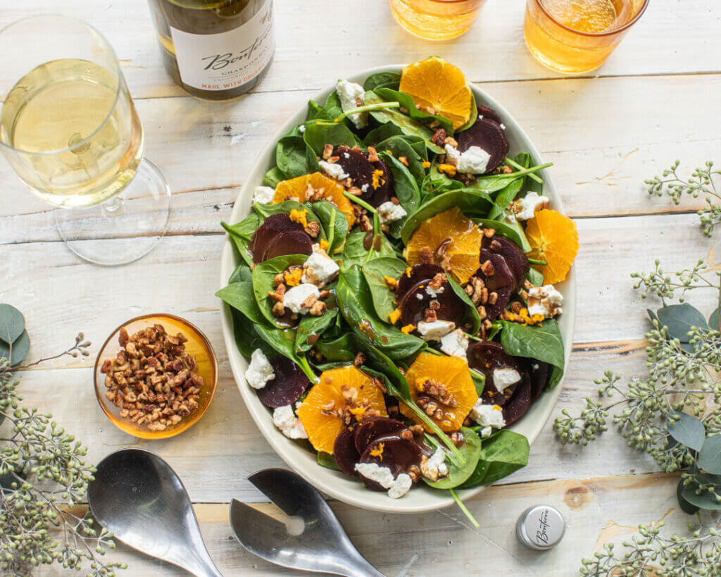 spinach, roasted beet and goat cheese salad