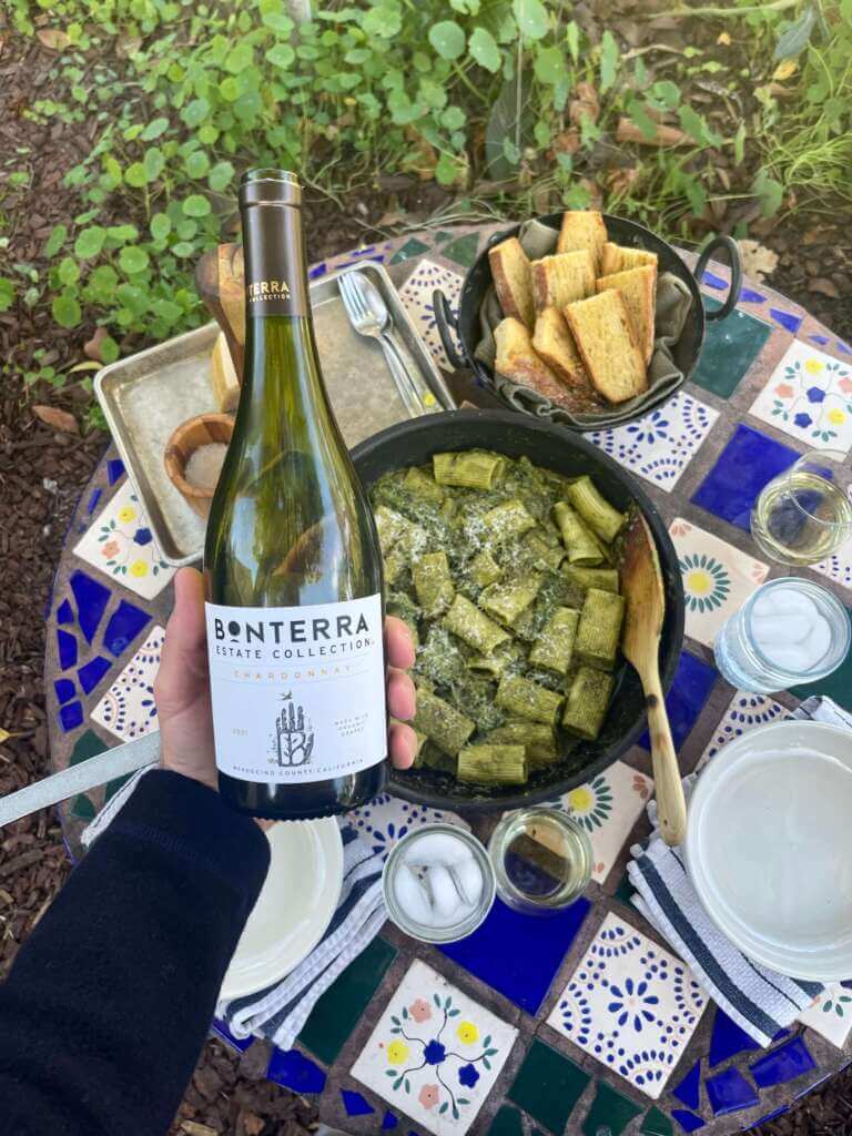 Bonterra Estate Collection Chardonnay wine and kale pesto pasta